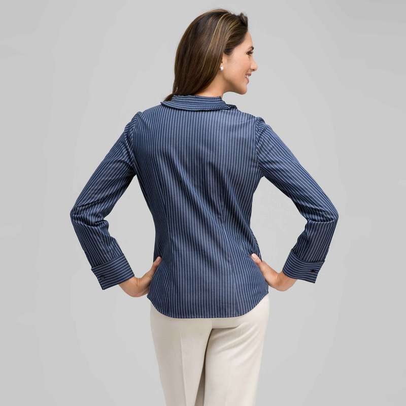Striped Pleated Ruffle Front Shirt, Admiral Navy & White, large image number 1