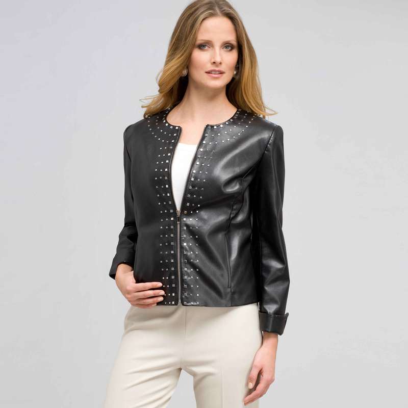 Leather Top Front Studded Jacket, Black, large image number 0
